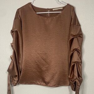 Ellison Bronze Satin Blouse with Ruched Sleeves size L